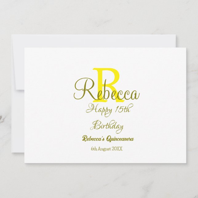 Grattis på 15-årsdagen gul tillägg namn monogram m inbjudningar (Framsida)