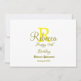 Grattis på 15-årsdagen gul tillägg namn monogram m inbjudningar