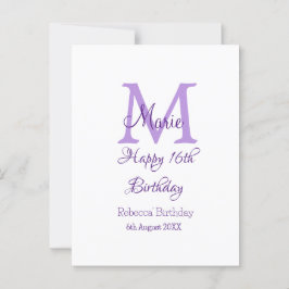 Grattis på 16-årsdagen lila lägg till namnmonogram vykort