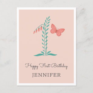 Grattis på 1-årsdagen Babyflicka Fjäril Blommig Ko Vykort