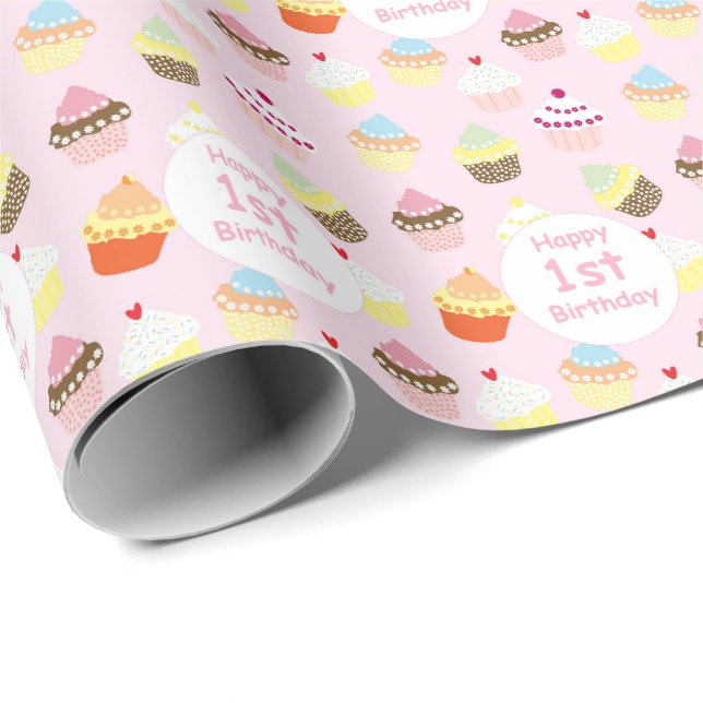 Grattis på 1-årsdagen Cupcake Rosa  Presentpapper (Rullad Hörn)