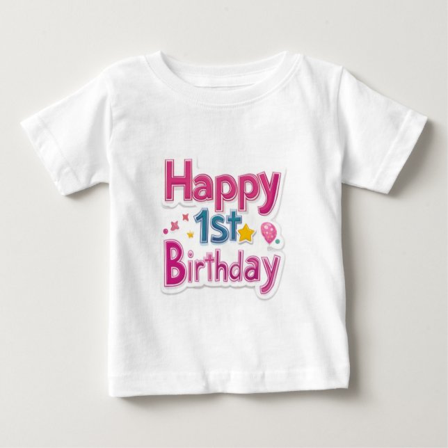 Grattis på 1-årsdagen – Färgglatt sött Rosa Design T Shirt (Framsida)