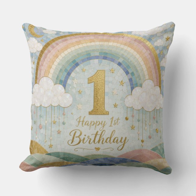 Grattis på 1-årsdagen Mosaik Regnbåge Moln Design Kudde (Framsida)