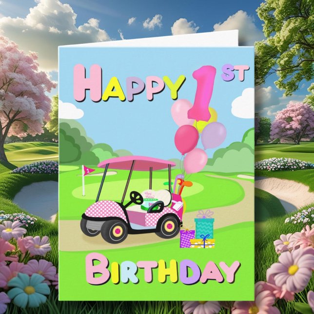 Grattis på 1-årsdagen Polka Dot Rosa Tjej Golfkort Kort (Skapare uppladdad)