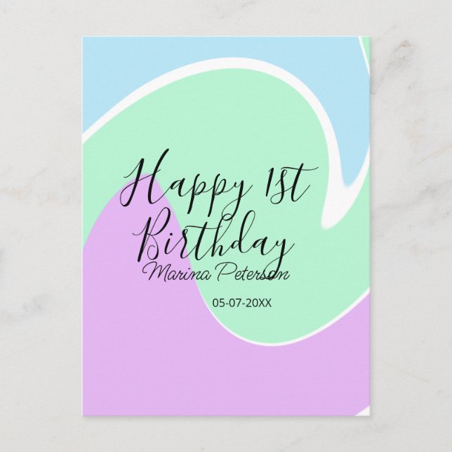 Grattis på 1-årsdagen rosa grön blå akrilgjutning  vykort (Framsida)