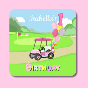 Grattis på 1-årsdagen Rosa Prickiga Tjej Golf Fyrkantigt Klistermärke