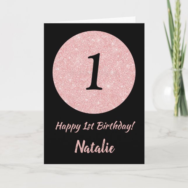 Grattis på 1-årsdagen Svart och Rosa Rosa Glitter Kort (Framsida)