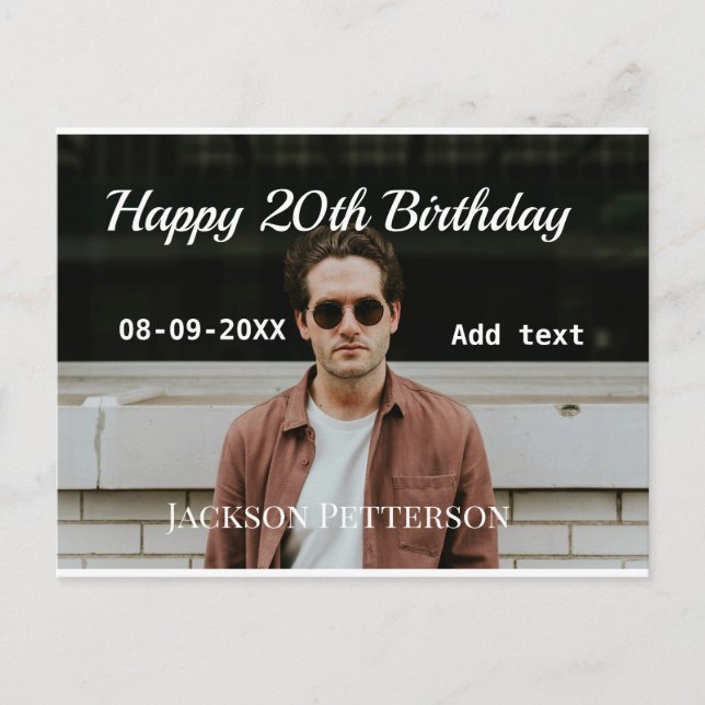 Grattis på 20-årsdagen enkel foto tillägg namn dat vykort (Framsida)