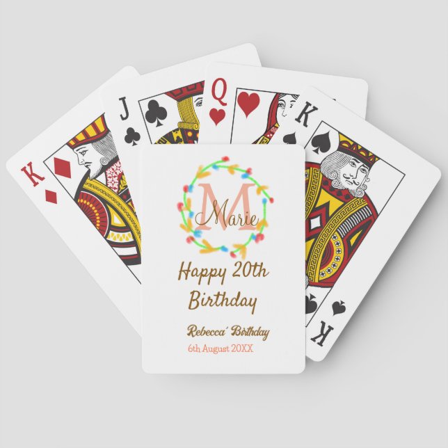 Grattis på 20-årsdagen röd monogramkrans casinokort (Baksidan)