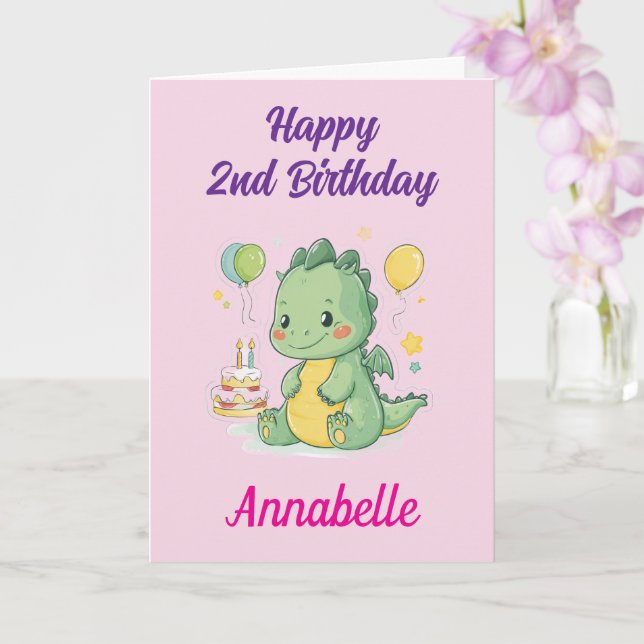 Grattis på 2-årsdagen flicka, Personlig söt drak  Kort (Orkide)