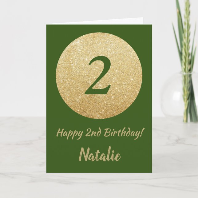 Grattis på 2-årsdagen Grön och guld glitterkort Kort (Framsida)