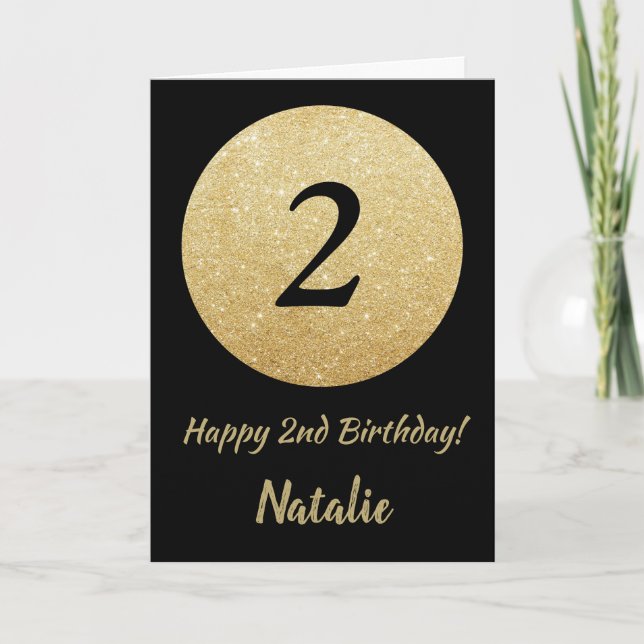 Grattis på 2-årsdagen Svart och guld glitterkort Kort (Framsida)