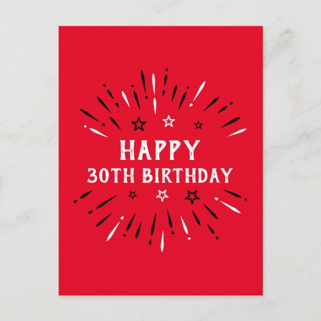 Grattis på 30-årsdagen Eldverk Röd Svart Vit Vykort (Framsida)