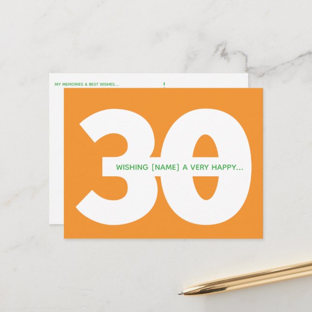 Grattis på 30-årsdagen Milstolpe vykort i Orange (Fram/Back In Situ)