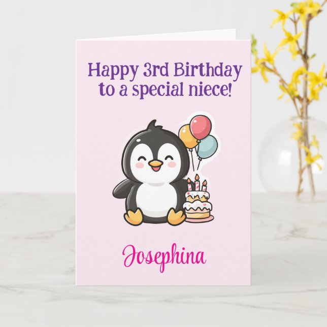 Grattis på 3-årsdagen Niece, Pingvin, Personlig Kort (Gul blomma)