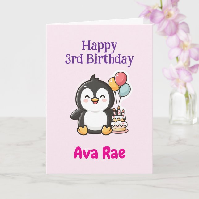 Grattis på 3-årsdagen, söt pingvin, personlig  kort (Orkide)