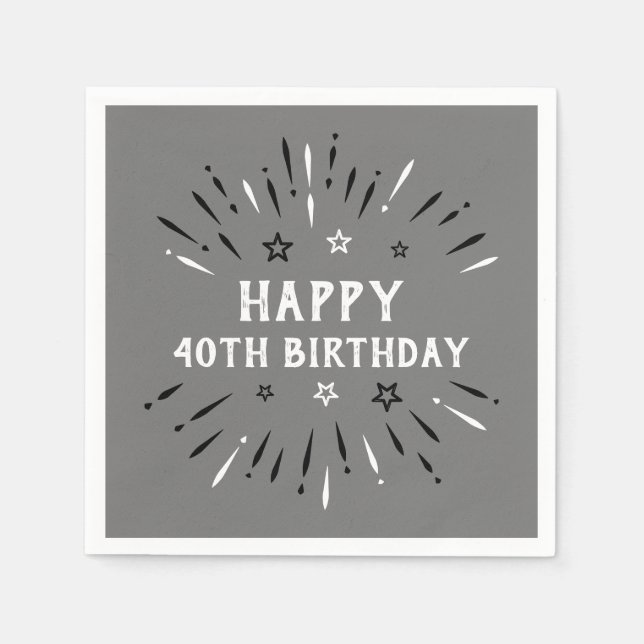 Grattis på 40-årsdagen fyrverkerier grå svart vit pappersservett (Framsidan)