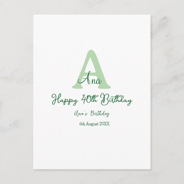 Grattis på 40-årsdagen grön lägga till namnmonogra vykort (Framsida)