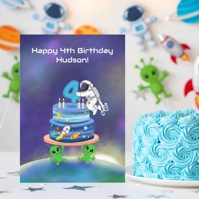 Grattis på 4-årsdagen Astronaut med tårta Kort (Skapare uppladdad)