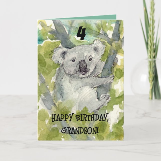 Grattis på 4-årsdagen, barnbarn Koala Wildlife Kort (Framsida)