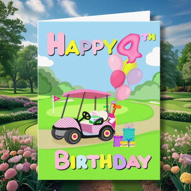 Grattis på 4-årsdagen Polka Dot Rosa Tjej Golfkort Kort (Skapare uppladdad)