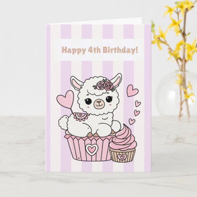 Grattis på 4-årsdagen Söt Lama Flickkort Kort (Gul blomma)