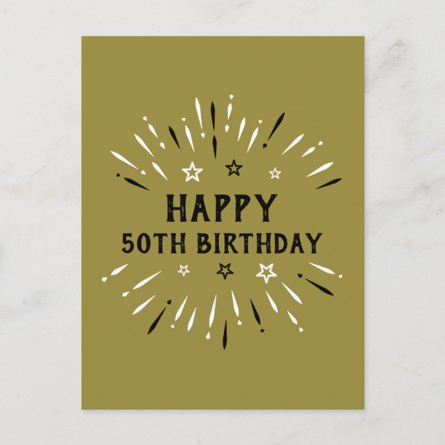 Grattis på 50-årsdagen Eldverk Guld Svart Vitt Vykort (Framsida)