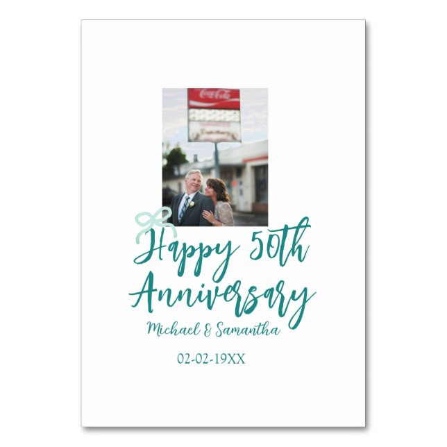 Grattis på 50-årsjubileum foto turkos slinga namn  bordsnummer (Framsidan)