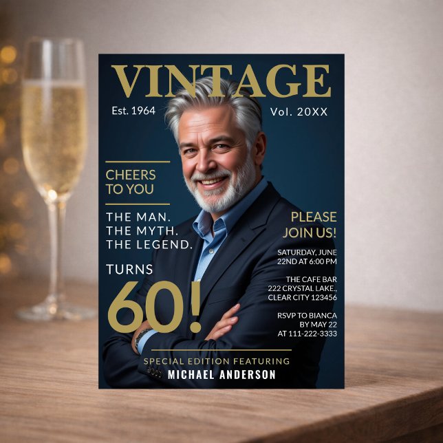 Grattis på 60-årsdagen Inbjudan (Elegant navy and gold 60th birthday invitation styled for a meaningful milestone celebration)