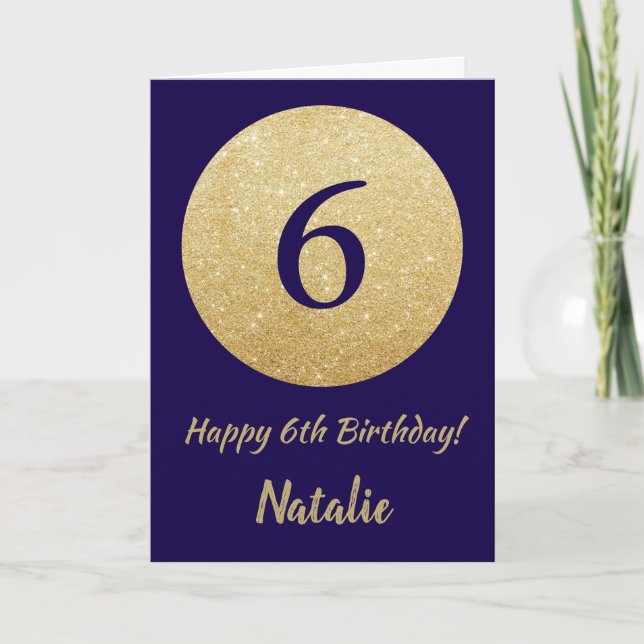 Grattis på 6-årsdagen Navy Blue och Guld Glitter Kort (Framsida)