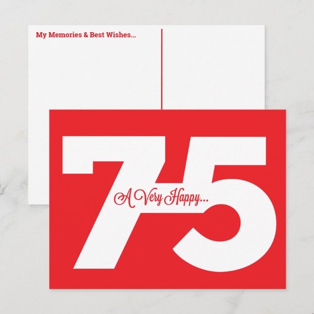 Grattis på 75-årsdagen Milstolpe vykort - i rött (Fram/baksida)