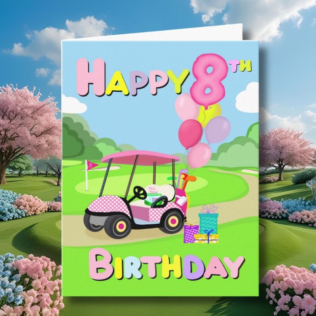 Grattis på 8-årsdagen Polka Dot Rosa Tjej Golfkort Kort (Skapare uppladdad)
