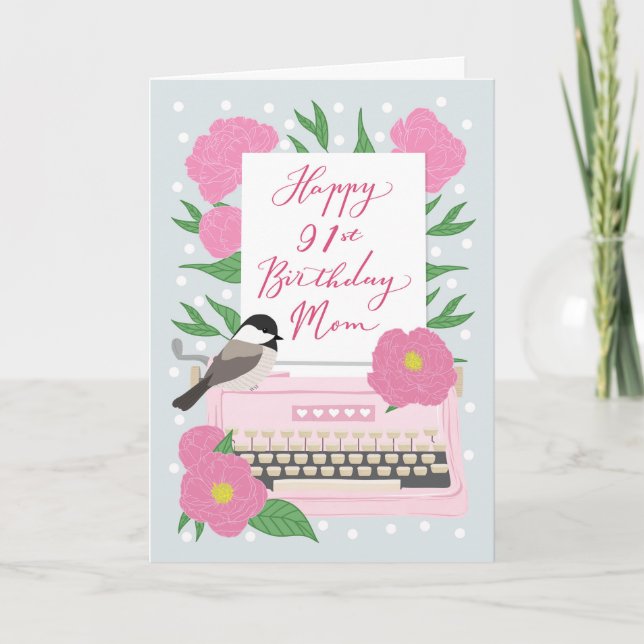 Grattis på 91-årsdagen Mamma med skrivmaskin & Flo Kort (Framsida)