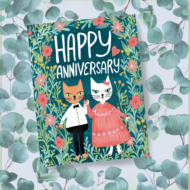 Grattis på årsdagen Purr-fekt Par Katter Blommor Vykort (Happy Anniversary Purr-fect Pair Cute Cats Floral Postcard
)