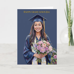 Grattis på examen Blommig Asiatisk Kvinna Examen Kort