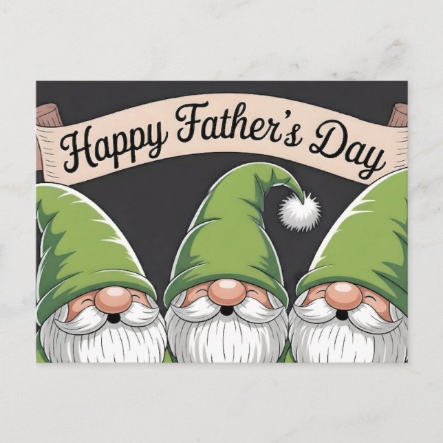 "Grattis på fars dag" Grön Gnomtrio Vykort (Framsida)