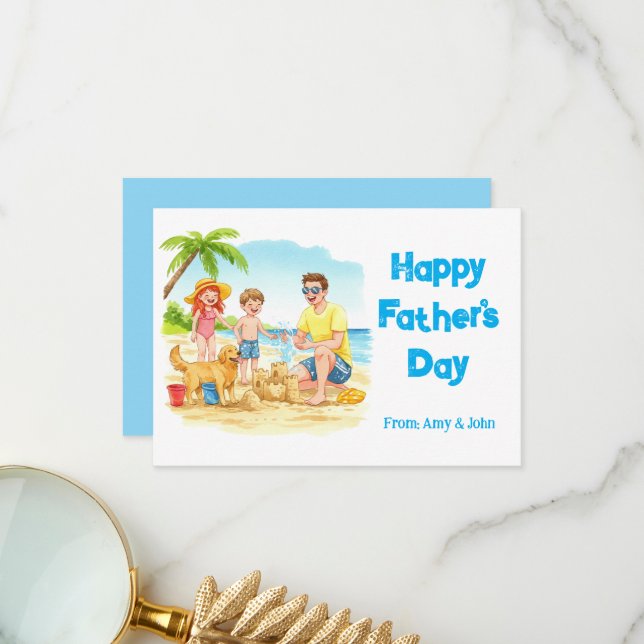 Grattis på fars dag Strand Familjesemester Tack Kort (Fram/Back In Situ)