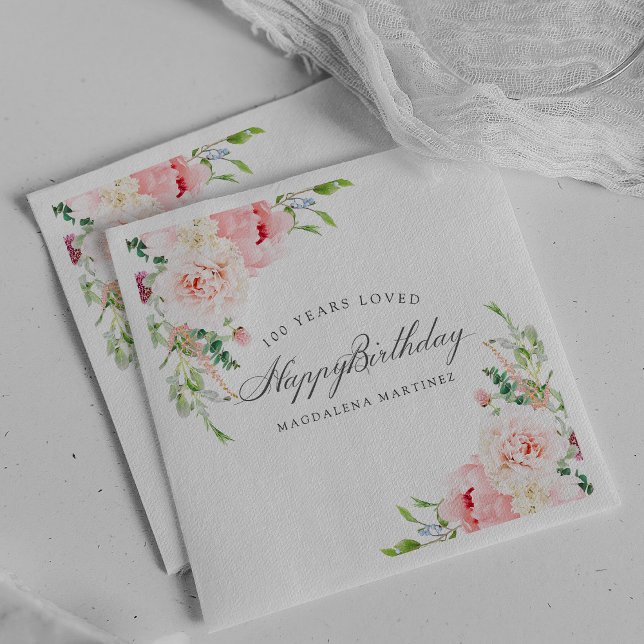 Grattis på födelsedagen 100:e Rosa Blommigt Anpass Pappersservett (Skapare uppladdad)