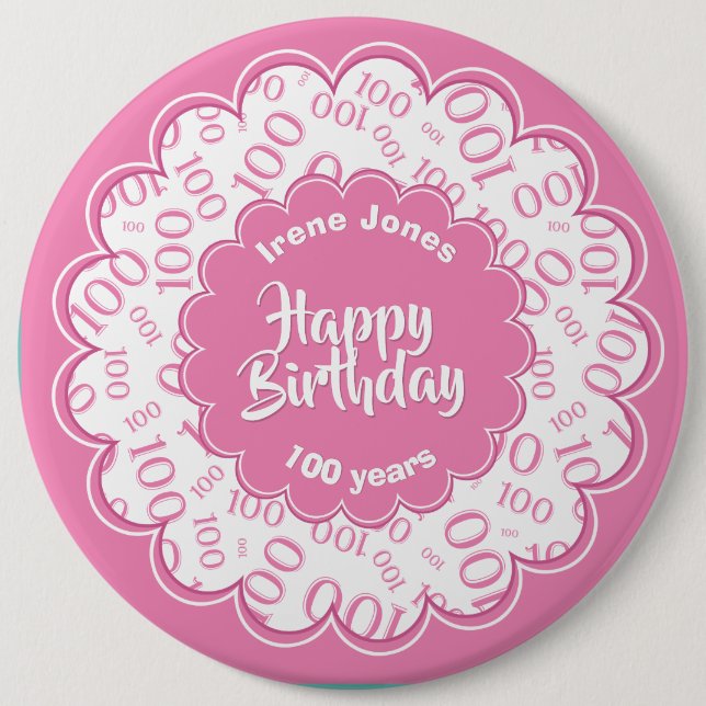 Grattis på födelsedagen, 100:e Rosa/Vit Nummer Mön Knapp (Framsida)