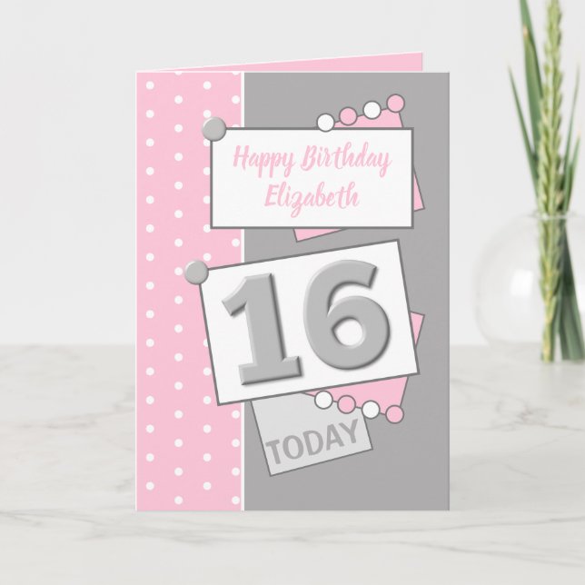 Grattis på födelsedagen 16 i dag grått och rosa kort (Framsida)