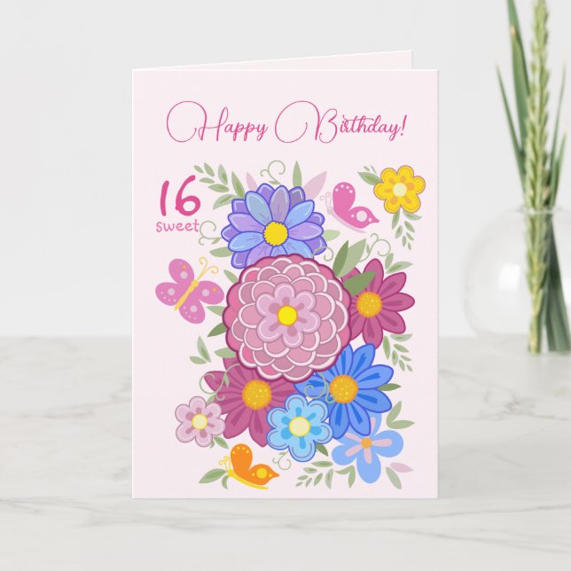 Grattis på födelsedagen! 16 Sötblommor och fåglar Inbjudan (Framsida)