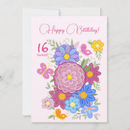 Grattis på födelsedagen! 16 Sötblommor och fåglar Inbjudningar