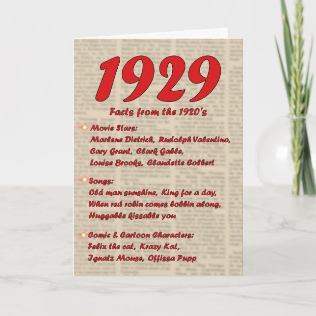 Grattis på födelsedagen 1929 Födelseår 20:s tjugoå Kort (Framsida)