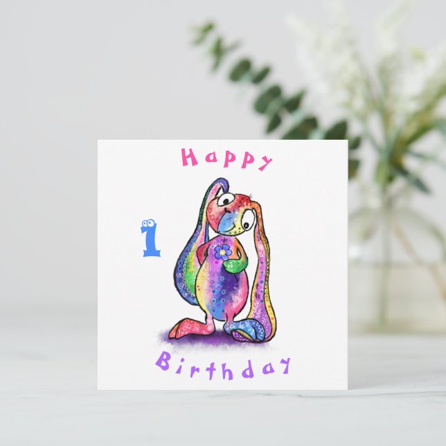 Grattis på födelsedagen 1-kortsfärgad Bunny med bl (Stående Fram)