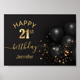 grattis på födelsedagen 21 gyllene svarta ballonge poster
