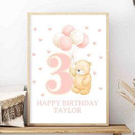 Grattis på födelsedagen 3-årig Rosa Balloon anpass Poster