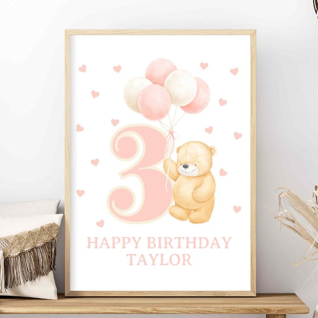 Grattis på födelsedagen 3-årig Rosa Balloon anpass Poster (Birthday sign for 3 year old, Pink Balloons and bear for 3rd birthday, Girly personalized birthday)