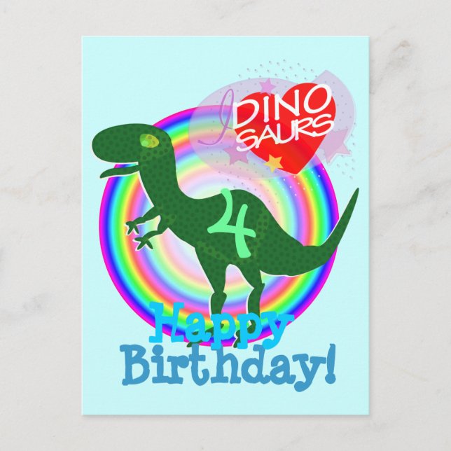 Grattis på födelsedagen 4 år T-Rex Dino vykort (Framsida)