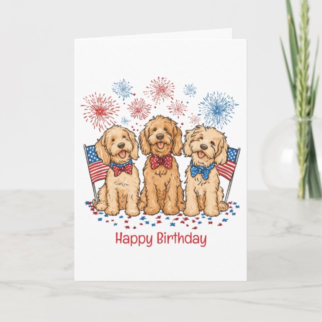 Grattis på födelsedagen 4 juli Goldendoodle Hundar Kort (Framsida)