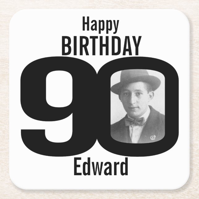 Grattis på födelsedagen 90:e namn och pappra under underlägg papper kvadrat (Framsidan)